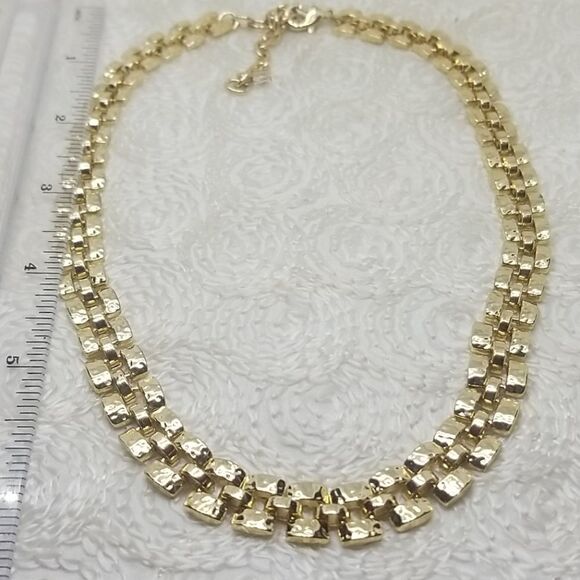 Gold Tone Necklace Rectangle Three Rows Link Necklace - Picture 7 of 9